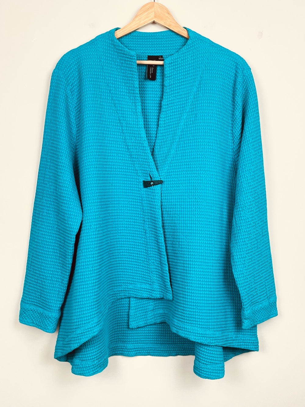 Focus Casual Life aqua 100% cotton waffle single button lagenlook cardigan, L.